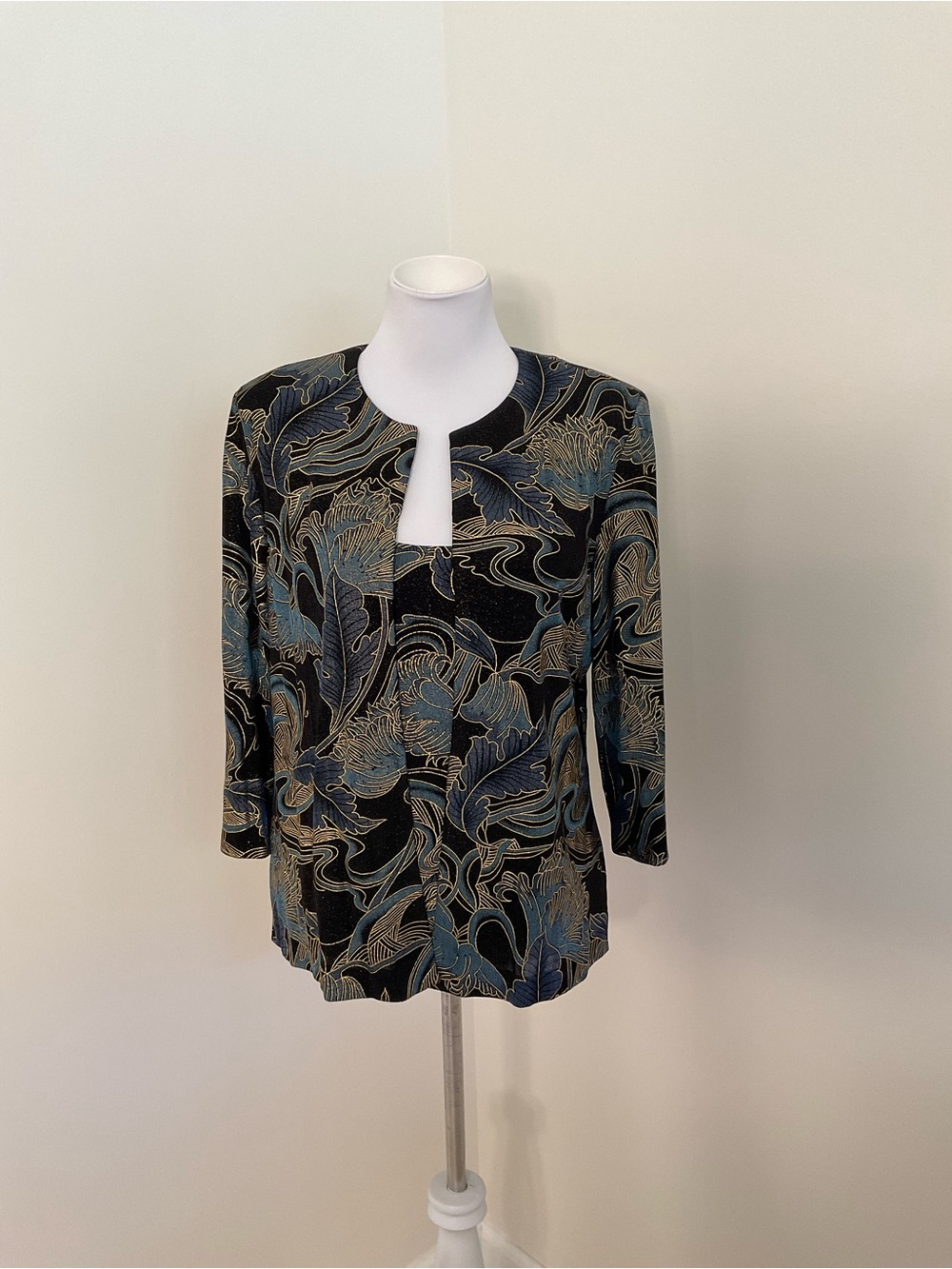 Alex Evenings Black, Blue and Gold Leaf Print 2-Piece Cardigan Jacket Set